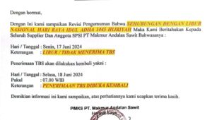 Hari Raya Iedul Adha 1445 – H -2024 PT Makmur Andalan Sawit Libur, Penerimaan TBS Tutup