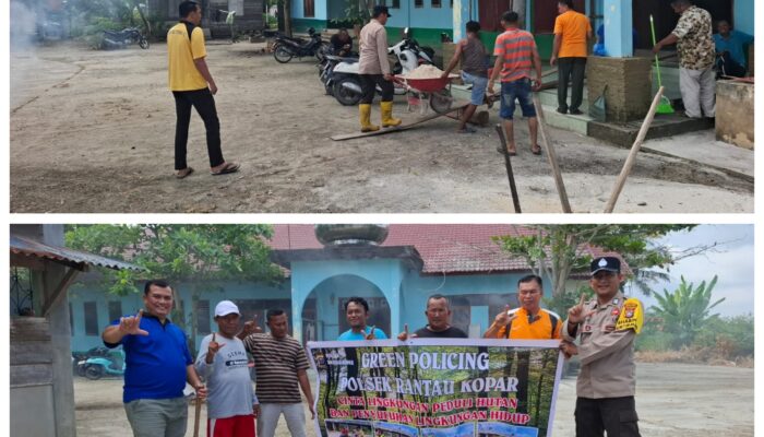 Jaga Kebersihan Lingkungan, Babinkamtibmas Polsek Rantau Kopar Gotong Royong Rumah Ibadah dan Tanam Bibit Pohon